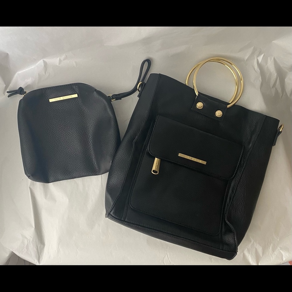 Steve Madden Purse and Makeup Bag Set of 2, Black Faux Leather w/ Gold Details